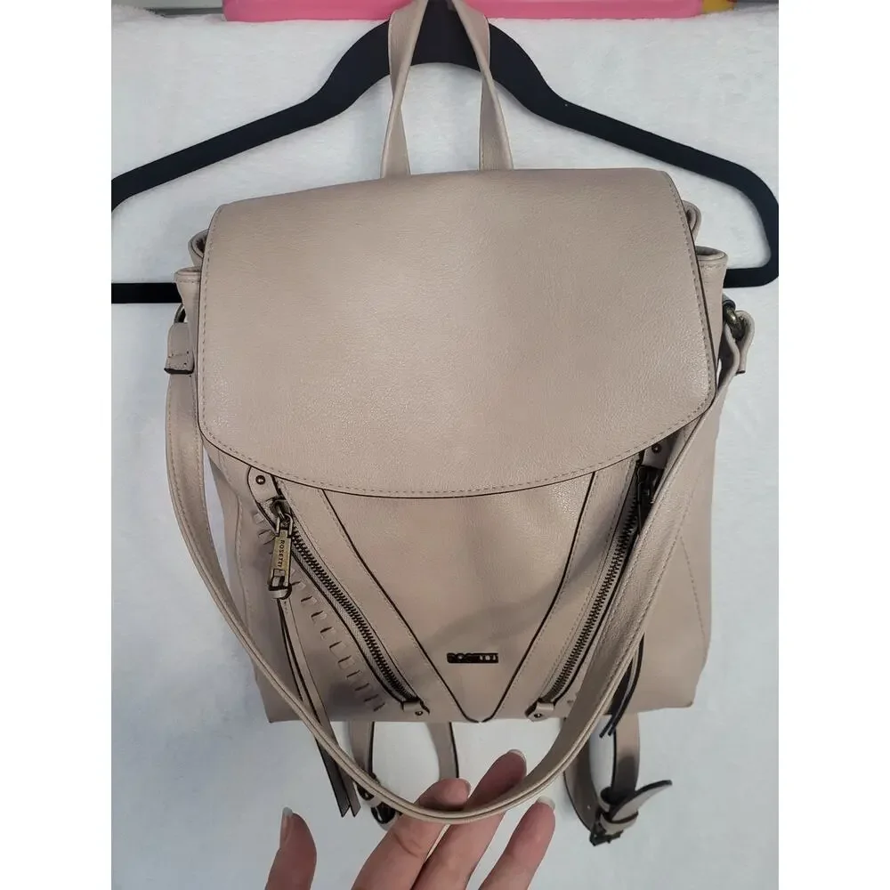 Rosetti Taupe Beige Faux Leather Backpack Purse Dual Zip Pockets